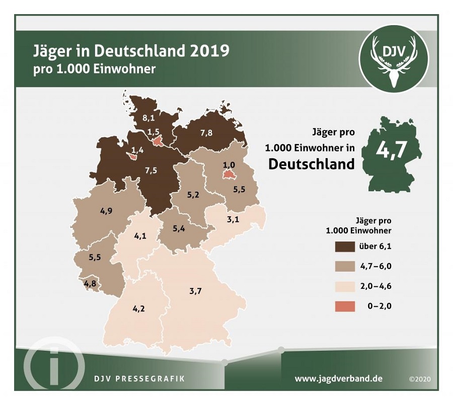 Jäger in Deutschland 2019 pro 1.000 Einwohner (Quelle: DJV)