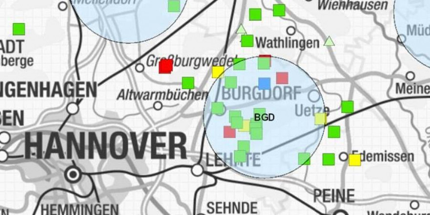 Gemeldete Nutztierrissereignisse im Bereich des Burgdorfer Rudels (rot: Rind, grün: Schaf, gelb: Pferd, Dreieck: in Bearbeitung) Quelle: https://is.gd/kNIN8e