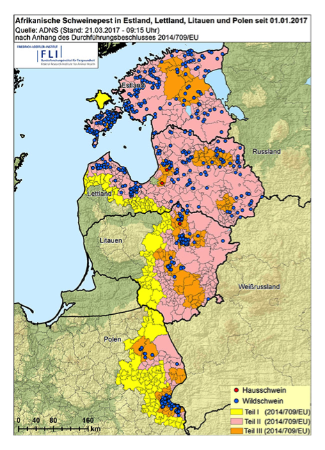 Grafik: Friedrich-Loeffler-Institut / Afrikanische Schweinepest in Osteuropa seit dem 1. Januar 2017 (Stand 21. März 2017)