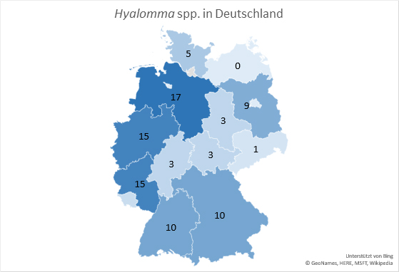 Auftreten von Hyalomma in Deutschland. (Bild: Universität Hohenheim / GeoNames, HERE, MSFT, Wikipedia – unterstützt vom BING) 