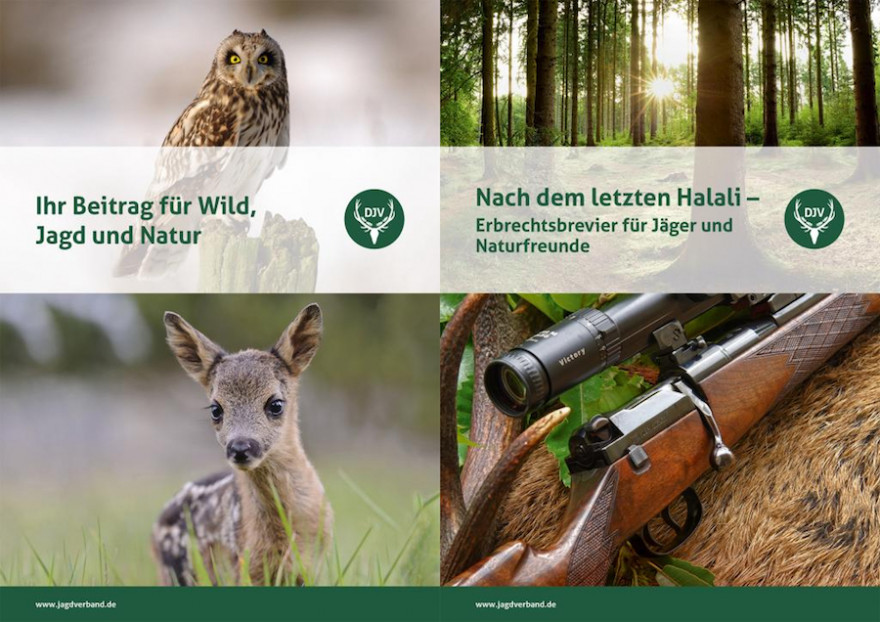 Die Informationsmappe „Erbschaften“ enthält die Broschüre „Ihr Beitrag für Wild, Jagd und Natur“ und den Erbrechtsleitfaden „Nach dem letzten Halali“. (Quelle: DJV)