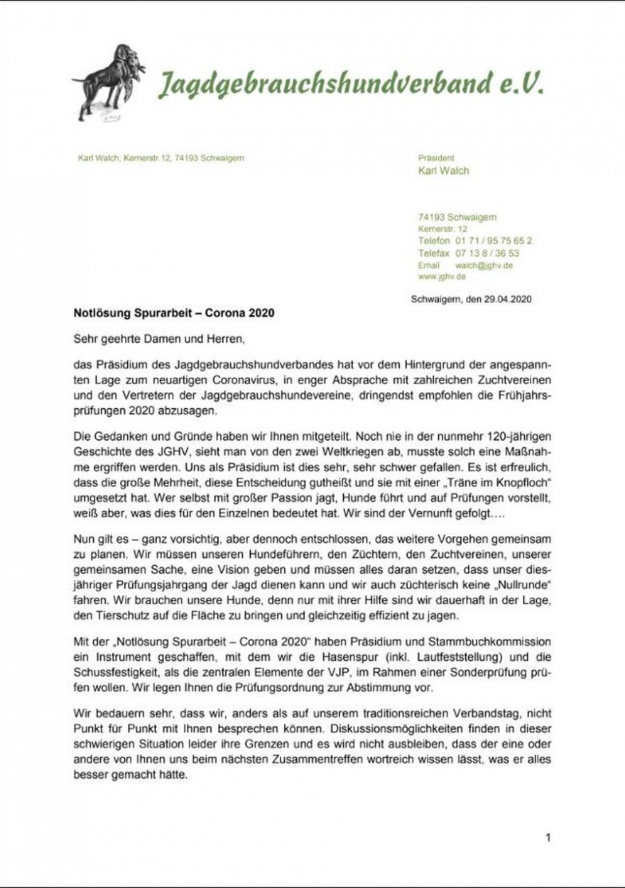 Anschreiben - schriftliche Abstimmung Seite 1 (© 2020 Jagdgebrauchshundverband e.V.)