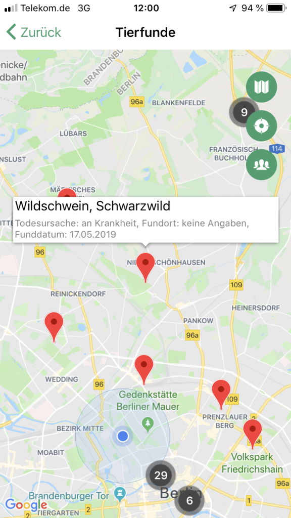 Die Kartenansicht gibt einen Überblick über die gemeldeten Tiere in der Region. Nach Antippen werden weitere Infos eingeblendet. (Quelle: DJV)