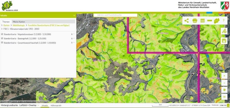 Abbildung 1: Ansicht der Forstlichen Standortkarte 1:5.000 in Waldinfo.NRW unter „Waldökologie“ (Quelle: Waldinfo.NRW)