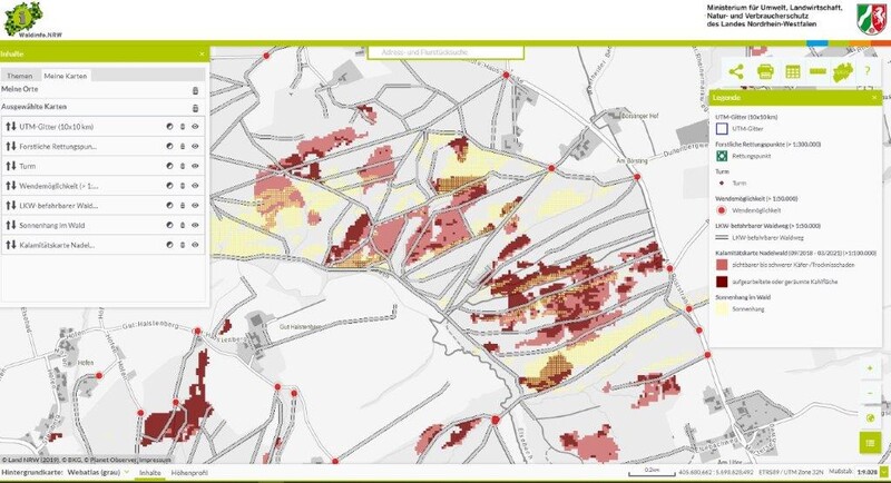 Abbildung 3: Auswahl relevanter Layer für die Waldbrandabwehr in Waldinfo.NRW (Quelle: Waldinfo.NRW)