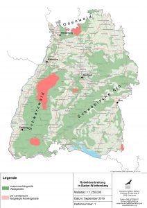 Die Rotwildgebiete in Baden-Württemberg sind der Odenwald, der Nord- und Südschwarzwald, der Schönbuch und die Adelegg im Allgäu.