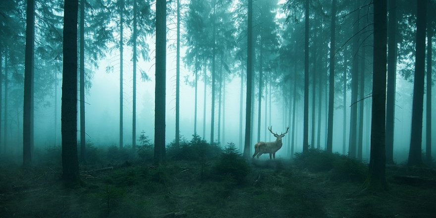 Rothirsch im Wald bei morgendlichem Nebel