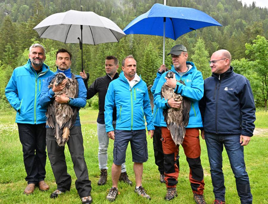 Roland Baier, David Schuhwerk mit Dagmar, Hans Pohlmann, Thorsten Glauber, Ulrich Brendel mit Recka, Norbert. (Foto: Landesbund für Vogelschutz in Bayern (LBV) e. V. / Hansruedi Weyrich)