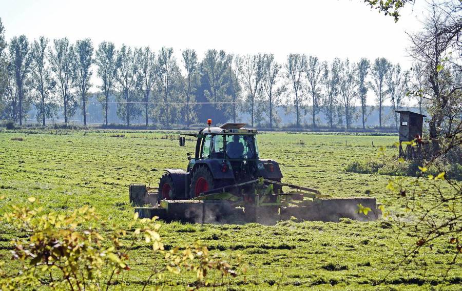 Ein Bauer mäht eine Wise im Münsterland an der ein Hochsitz steht. (Symbolbild: Erich Westendarp)