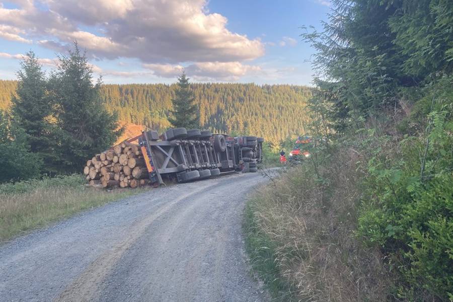Der verunfallte Holztransporter (Foto: PK Oberharz)