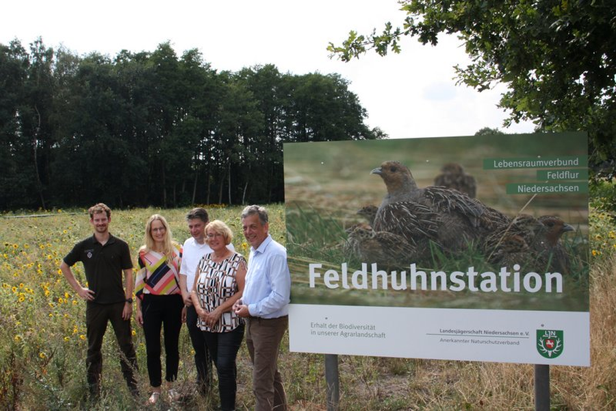 Auf dem Foto zu sehen (v.l.) Frank Roeles, LJN-Projektleiter Lebensraumverbund Feldflur Niedersachsen, Anna Kebschull Landrätin des Landkreises Osnabrück (Bündnis90/Die Grünen), der örtliche CDU-Landtagsabgeordnete Christian Calderone, Niedersachsens Landwirtschaftsministerin Barbara Otte-Kinast und LJN-Präsident Helmut Dammann-Tamke. (Foto: LJN)