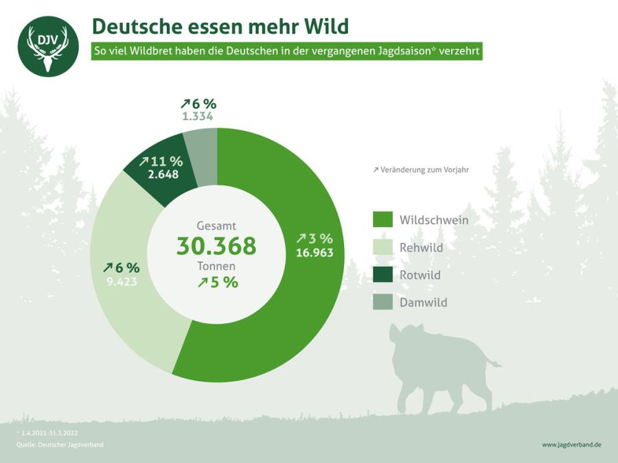 Verzehr von Wildbret in Deutschland 2021/22: besonders beliebt ist das Wildschwein. (Quelle: DJV)