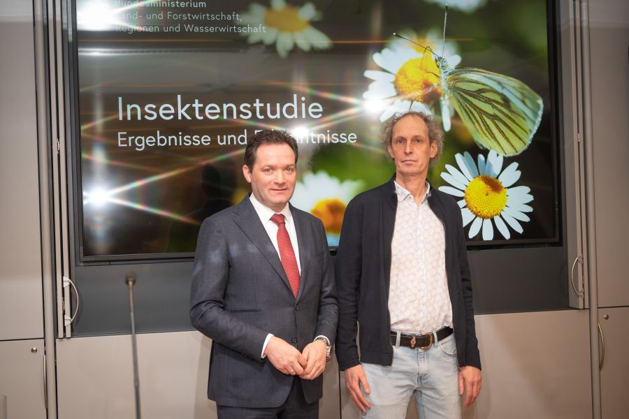 Um herauszufinden, wie sich die Insektenpopulation in Österreich entwickelt, hat das BML gemeinsam mit allen neun Bundesländern eine umfassende Studie in Auftrag gegeben. BM Norbert Totschnig und Insektenforscher Thomas Zuna-Kratky präsentierten die Ergebnisse. (Quelle: BML/Fotograf:in: Hemerka)