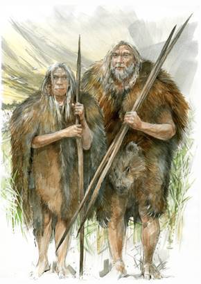 Homo heidelbergensis-Paar, das Felle von Höhlenbären zum Schutz vor Kälte trägt. (Künstlerische Darstellung: Benoît Clarys)