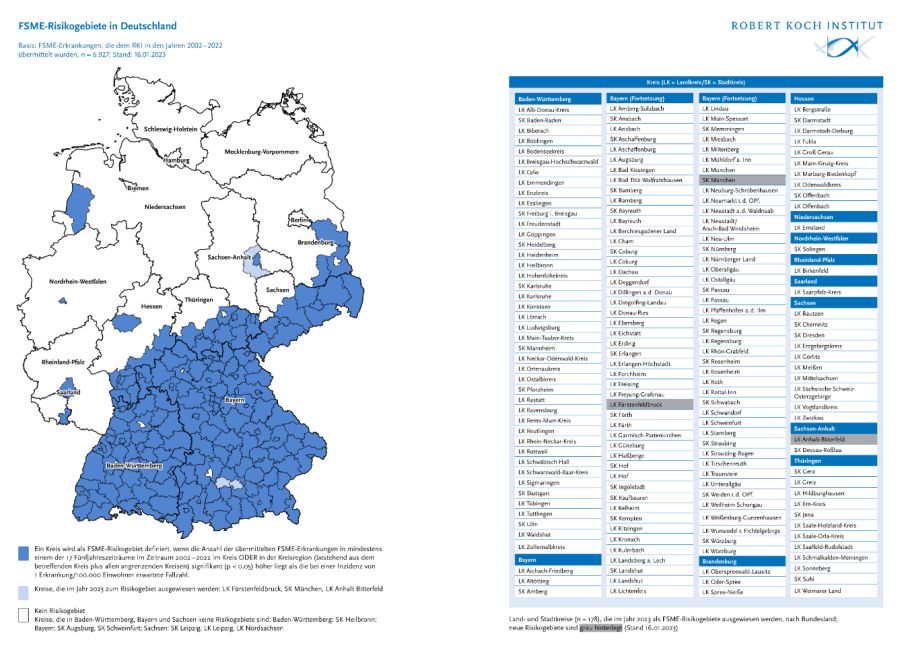 FSME-Risikogebiete in Deutschland, Stand: Januar 2023 (Quelle: RKI)