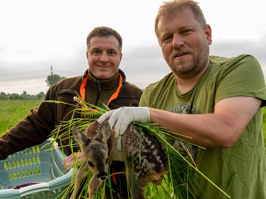 Patrick Fülling, Erster Vorsitzender des Kreisjägervereins Groß-Gerau (links), und Jürgen Berger, 2. Vorsitzender, bei der Kitzrettung im Revier Wolfskehlen. (Foto: Markus Stifter)