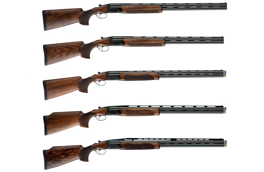 Alle fünf neuen Fossari CRX-Modelle (von o. nach u.): Fossari CRX9 Trap, Fossari CRX9 Skeet, Fossari CRX9 Sporting, Fossari CRX9 Sporting BSS und Fossari CRX9 Sporting BSR. 