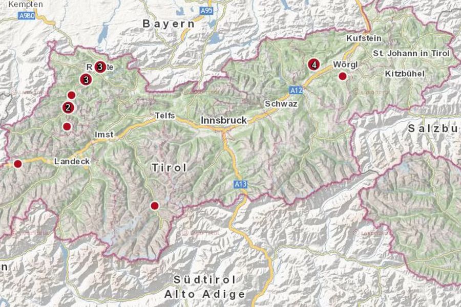 Bärennachweise Tirol 2023, Stand: Ende August 2023. (Quelle: © Land Tirol)