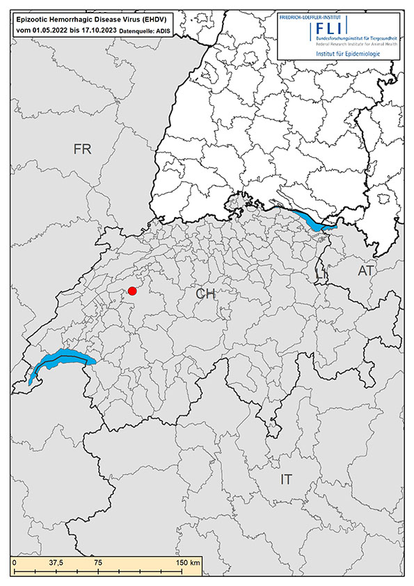 Kartenausschnitt: Ausbrüche von EHDV in der Schweiz seit 01.05.2022, Stand 17.10.2023. (Quelle: FLI)