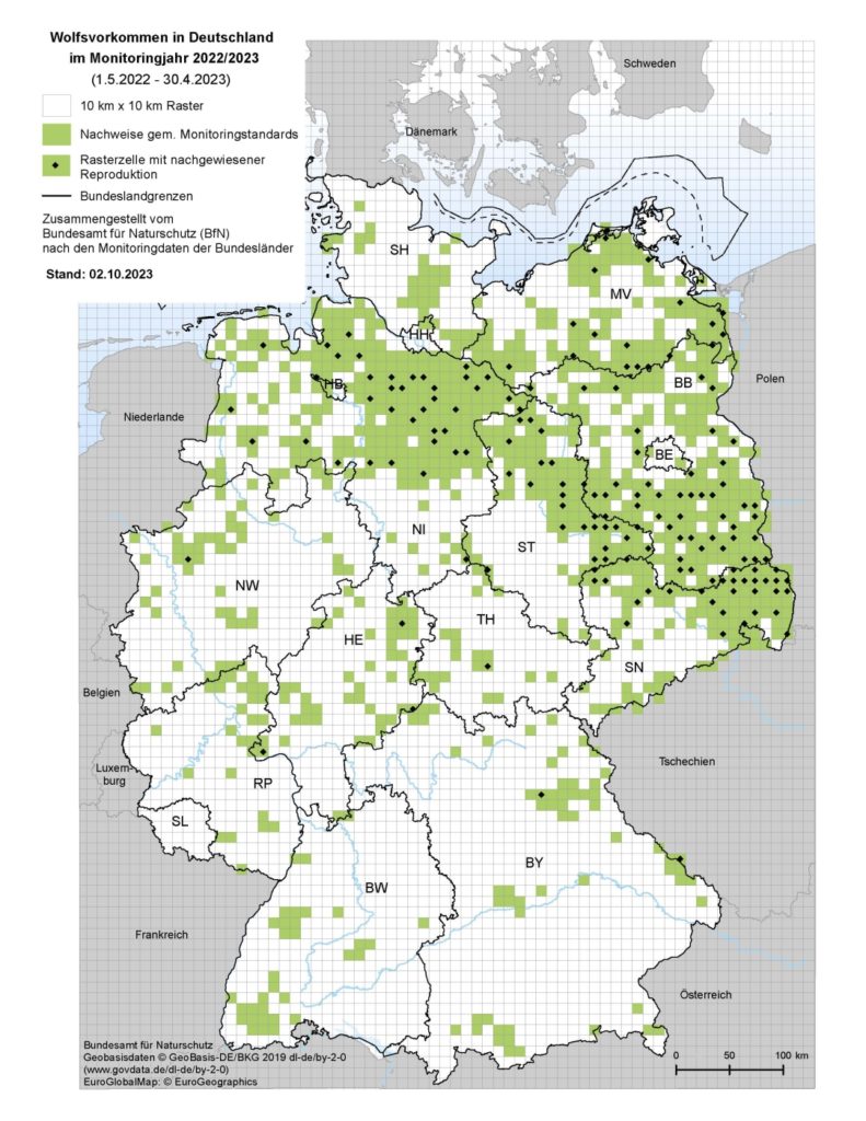 Wolfsvorkommen in Deutschland im Monitoringjahr 2022/2023 - Stand der Fachdaten: 2023. (Quelle: © Bundesamt für Naturschutz)