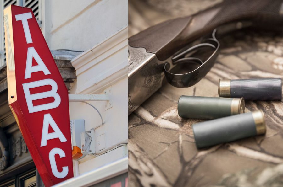 Eine Flinte mit Schrotpatronen neben einem der typischen „Tabac“-Schilder, die in Frankreich auf einen Tabakwarenladen hinweisen. (Symbolbild: iStock/bensib; Mariakray auf Pixabay)