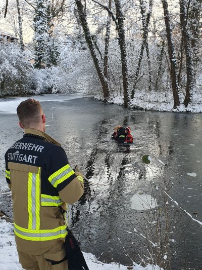 Gesichert durch einen Kollegen an Land, bringen zwei Feuerwehrleute den kleinen Hund zurück ans sichere Ufer. (Foto: Feuerwehr Stuttgart)