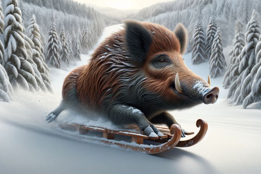 Ein Wildschweinkeiler fährt auf einem Schlitten in einem verschneiten Wald. (Symbolbild: mlz)