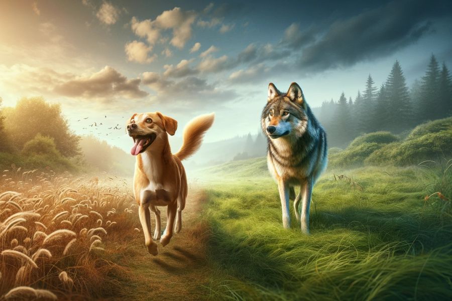 Ein freudig dreinschauender Hund, der bestimmt gerade mit dem Schwanz wedelt, neben einem Wolf, der ruhiger wirkt. (Symbolgrafik: mlz)