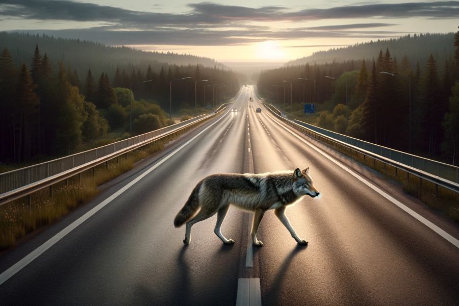 Ein Wolf, der eine Autobahn überquert. (Symbolbild: mlz)